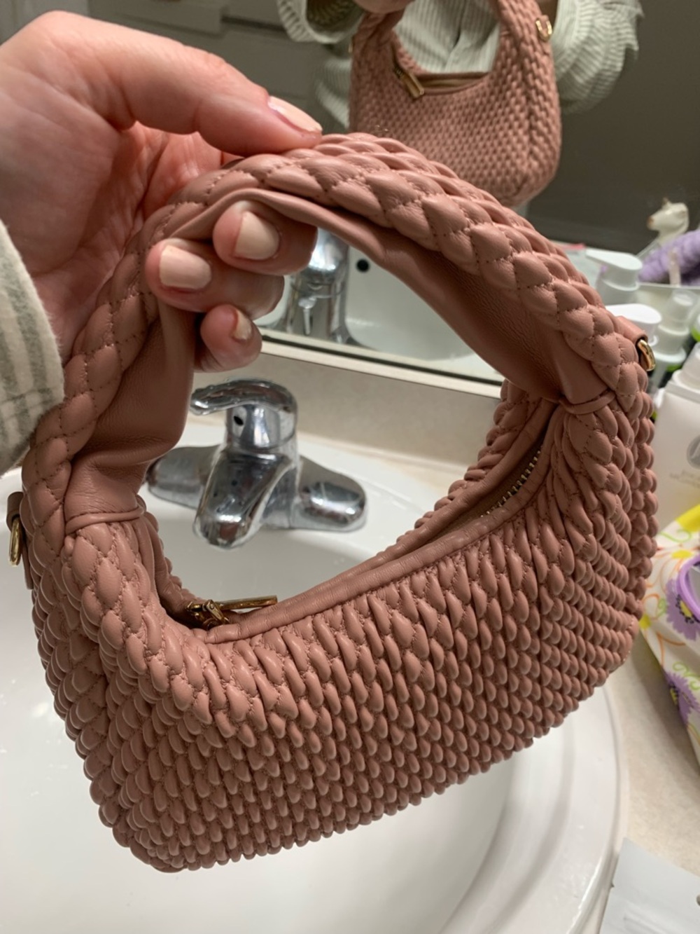 Handheld Woven Leather Shoulder Bag - Dusty Pink